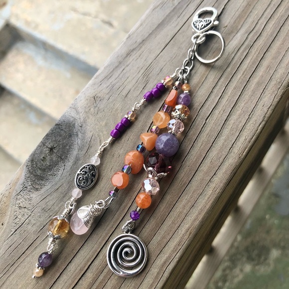 Red Aventurine Rose Quartz Mixed Crystal Gemstone Beaded Purse Charm Keychain - Picture 4 of 17